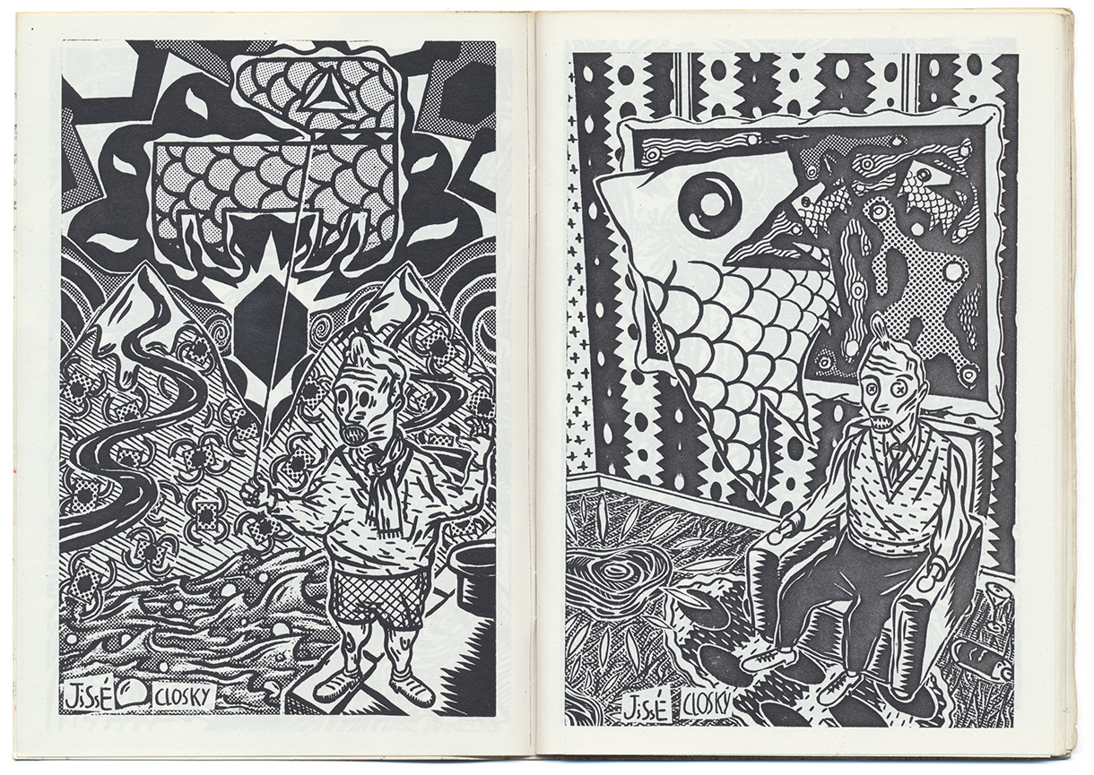double page du graphzine Blank : Cauchemar, avec deux dessins de Jissé et Closky imprimés en noir : des personnages aux yeux vides dans des décors surchargés.