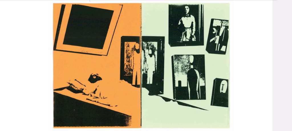 scan d'un fanzine. double page : papier orange pour la page de gauche, vert clair pour celle de droite. Recadrage d'une photo de Malevitch sur son lit de mort, devant ses peintures et sous son carré noir. L'image est imprimée en noir sur les pages de couleur.