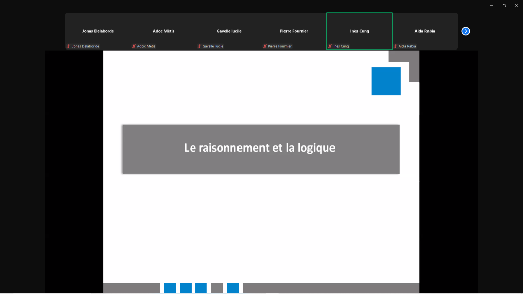 capture d'écran d'une visioconférence. toutes les caméras sont éteintes et au centre, l'orateur partage son écran. C'est un diaporama dont le titre est "Le raisonnement et la logique".